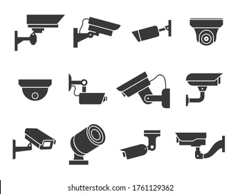 Iconos de Cctv. Cámara de seguridad, equipo de vigilancia de video para la vigilancia de calles, casas y edificios, privado e industria observan crímenes de advertencia, señales de seguridad digital vectores