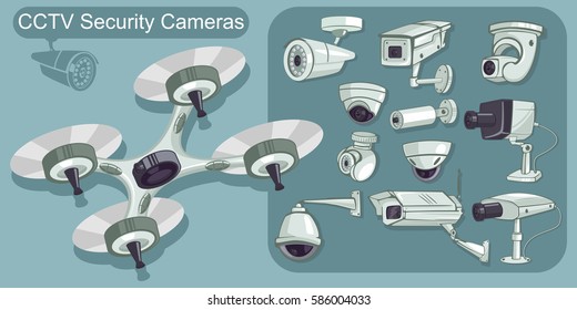 CCTV icons vector set. Cameras security and surveillance to protect and defend for home and office. Cartoon illustration isolated on background.