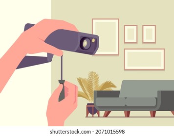 CCTV, indoor bullet camera installation service, home surveillance and security. Digital video equipment for monitoring, hands fixing device in the apartment. Vector flat style cartoon illustration