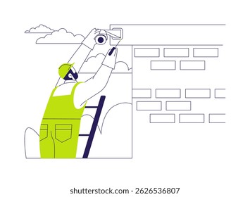 CCTV instalação conceito abstrato vetor ilustração. Eletricista instala câmera CCTV, circuito fechado de televisão, construção comercial, trabalhos interiores, sistema de vigilância metáfora abstrata.
