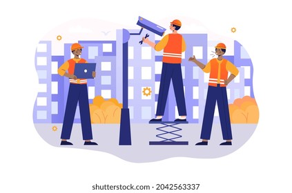 CCTV installation concept. Employees of company install camera on city street. Video surveillance for security. Men with tools. Cartoon modern flat vector illustration isolated on white background