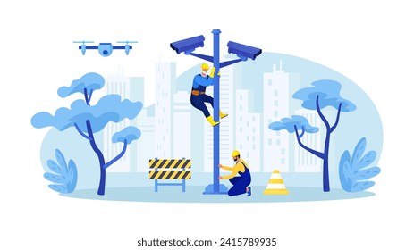 CCTV installation. Employees of company install camera on city street. Electrician repairing security cameras for surveillance. Video surveillance for protection