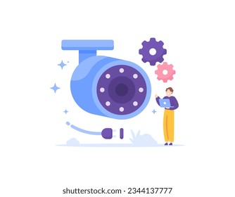 CCTV installation services. CCTV Technician. security and protection system. Security camera repair, installation and maintenance services. monitoring and supervision. Illustration concept design