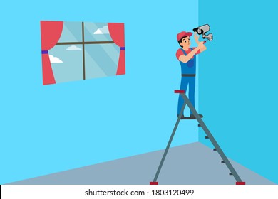 CCTV installation vector concept: technician setting up CCTV camera in the corner of the room