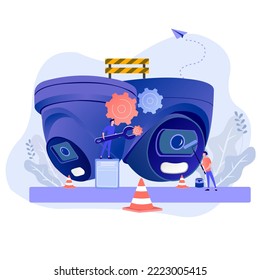 Mantenimiento de CCTV con ilustración vectorial abstracta del Cono de tráfico. Servicio de cámara de vigilancia, CCTV Seo
