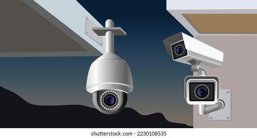 CCTV, Network speed dome camera. Ceiling mounts security IP cameras and surveillance system. Low light camera. Vector 3d illustration.