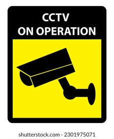 cctv on operation, black and yellow rectangle sign, isolated on white
