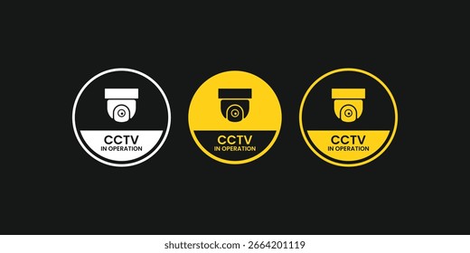 CCTV in operation round warning sign vector set in yellow, black, and white. Perfect for security system labels, surveillance camera icons, safety signage, and video monitoring zone alerts