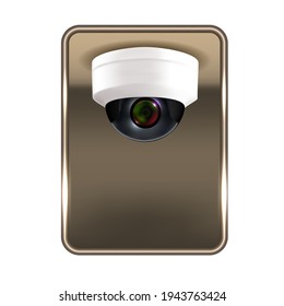 Cctv In Operation Warning Nameplate Banner Vector. Ceiling Video Surveillance Security Cctv. Wireless Indoor Safeguard Camera For Observe And Control Of Territory. Realistic 3d Illustration