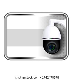 Cctv In Operation Warning Nameplate Poster Vector. Video Online Surveillance Security Cctv. Round-shaped Outdoor Monitoring Camera. Electronic Safeguard System Realistic 3d Illustration