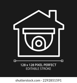 CCTV pixel perfect white linear icon for dark theme. Video surveillance. Monitoring private property. Security system. Thin line illustration. Isolated symbol for night mode. Editable stroke