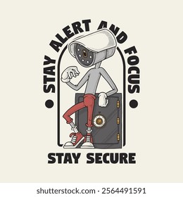 cctv with safe box retro cartoon mascot