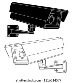 CCTV security camera. Black and white outline vector illustration isolated on white background