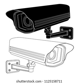 CCTV security camera. Black and white outline drawings. Vector illustration isolated on white background