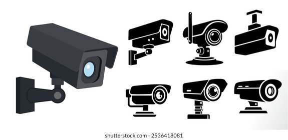 cctv ou conjunto de ícones de câmera de segurança. ícones de vetor para escritório, hospital, escola, prisão, shopping, casa, loja etc. conjunto de ícones de câmera de segurança. 