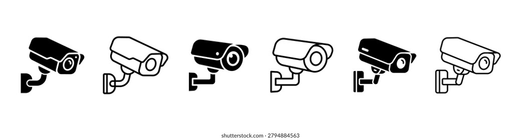 CCTV security camera icon set, thin line and solid black glyph vector illustration isolated on white background.