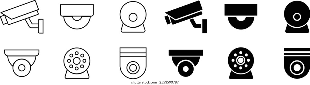 CCTV security camera icons set video surveillance monitoring, defocused home security camera, wall mounted for outdoor area safety and observation flat and line vector collection isolated transparent