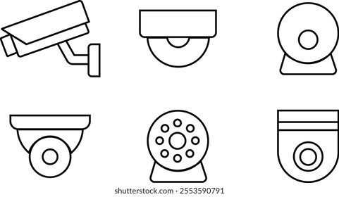 CCTV security camera icons set video surveillance monitoring, defocused home security camera, wall mounted for outdoor area safety and observation line vector collection isolated transparent