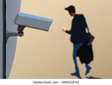 Cctv or security camera mounted on the wall outside the house. Closed-Circuit Television function and digital media technology