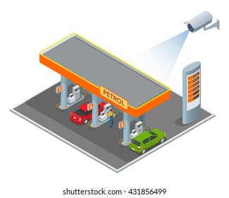 CCTV Security Camera On Isometric Illustration Of Petrol Diesel Station. 3d Isometric Vector Illustration. 