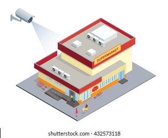 CCTV Security Camera On Isometric Illustration Of Supermarket. 