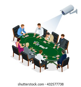 CCTV Security Camera On Isometric Illustration Of People Playing Poker At The Casino.