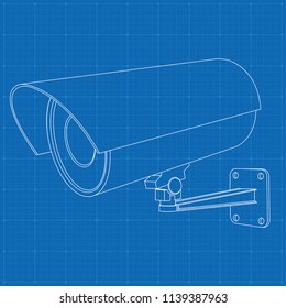 CCTV security camera. Outline drawing on blueprint background. Vector illustration
