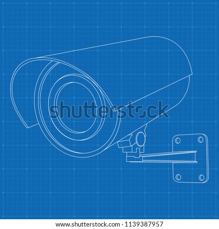 CCTV security camera. Outline drawing on blueprint bacground. Vector illustration