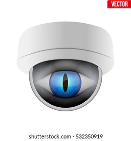 CCTV security camera with reptile eye. Technologies for monitoring and protection of territory. Vector Illustration isolated on white background.