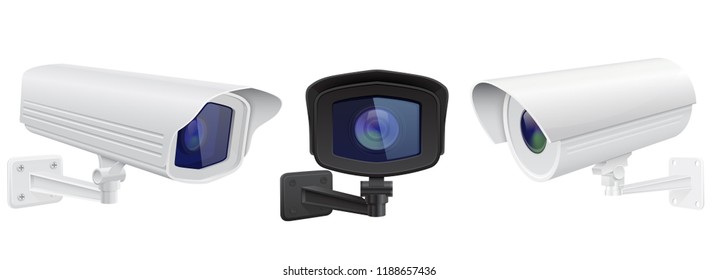 CCTV security camera. Set of surveillance devices. Vector 3d illustration isolated on white background