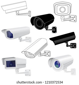 CCTV security camera set. Surveillance devices. 3d and outline drawings. Vector illustration isolated on white background