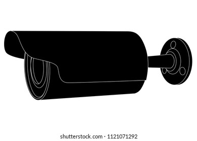 CCTV security camera. Side view. Black outline drawing. Vector illustration isolated on white background