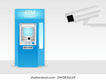 Cámara de seguridad de CCTV o cámara de vigilancia y cajero automático. Concepto de Seguridad Bancaria. Ilustración vectorial. 