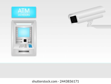 CCTV Security Camera or Surveillance Camera and ATM machine. Safety and Security Banking Concept. Vector Illustration. 