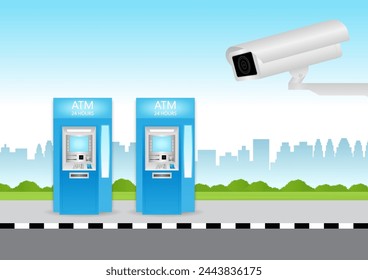CCTV Security Camera or Surveillance Camera and ATM machine. Safety and Security Banking Concept. Vector Illustration. 