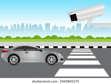 CCTV Security Camera or Surveillance Camera Monitoring on Traffic Road. Vector Illustration. 