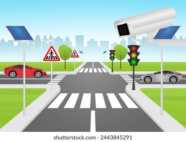 CCTV Security Camera or Surveillance Camera Monitoring on Traffic Road. Vector Illustration. 