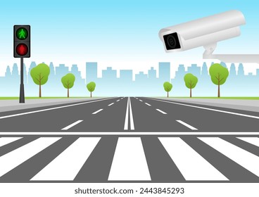 CCTV Security Camera or Surveillance Camera Monitoring on Traffic Road. Vector Illustration. 