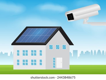 CCTV Security Camera or Surveillance Camera Monitoring a House and Property. Vector Illustration. 