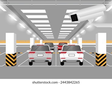 CCTV Security Camera or Surveillance Camera at Parking Lot. Vector Illustration. 