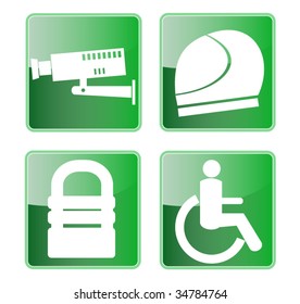 CCTV security camera,bike helmet,padlock and wheel chair access icons isolated on white background