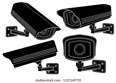 CCTV security cameras. Black outline set. Vector illustration isolated on white background