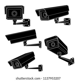 CCTV security cameras. Black outline drawing. Vector illustration isolated on white background