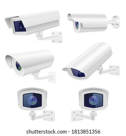 CCTV security cameras. White set of surveillance devices. Vector 3d illustration isolated on white background
