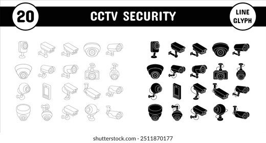 CCTV Security Line Glyph Vector Illustration Icon Sticker Set Design Materials