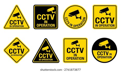 CCTV security signage icon collection in flat vector format, surveillance, monitoring, safety, protection, and video recording.