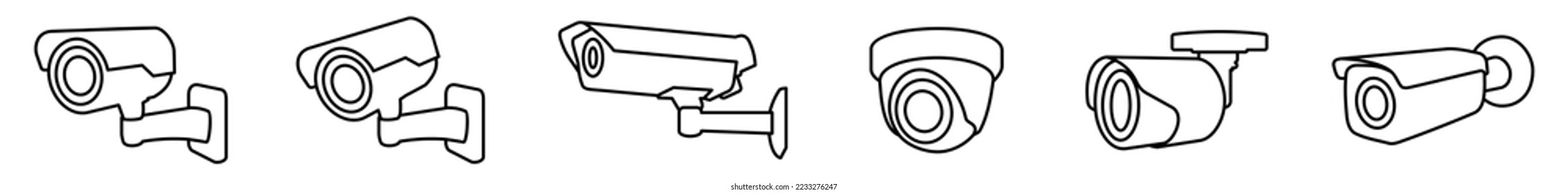 Juego de iconos vectoriales de cámaras de vigilancia de seguridad CCTV. Cámara de seguridad o línea de leva de seguridad o símbolo de esquema para aplicaciones o sitios web, ilustración de símbolo.