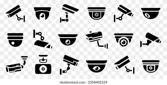 CCTV security video camera icons collection. Set of security camera icons. Black surveillance camera icons. Looking, crime, protection symbols