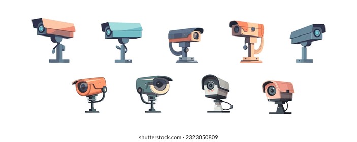 CCTV colocó dibujos animados planos aislados de fondo blanco. Ilustración del vector