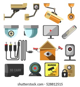 CCTV set. Security and surveillance elements collection. Hidden camera, street security video cameras. Vector Illustration. Isolated on white.